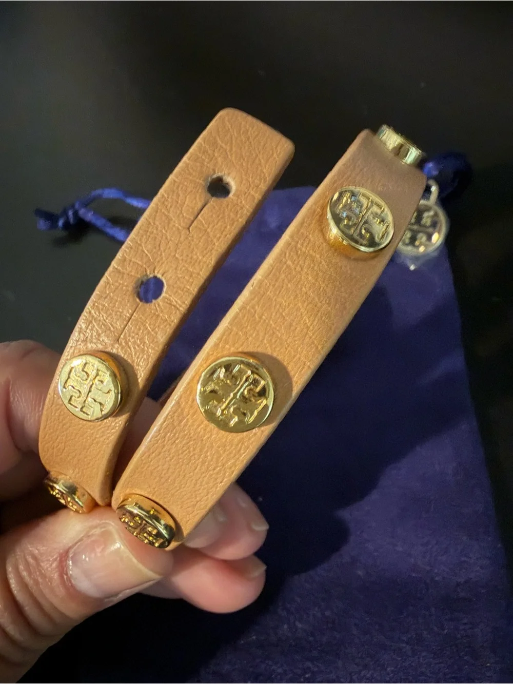 Tory Burch Tan Leather Double-Wrap Logo Bracelet with Gold Accents